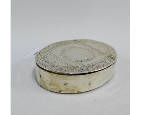 George III silver snuff box of oval form, the hinged lid with bright cut engraved sunburst to centre and with square and comp