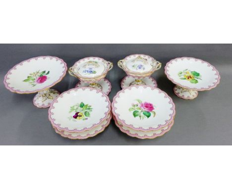 19th Century Botanical patterned porcelain dessert service and a blue and white porcelain sucrier and cover, (11) 