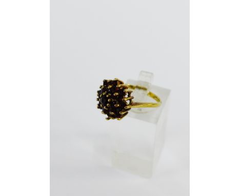 Vintage 9 carat gold claw set garnet cluster dress ring, London 1978, UK ring size L