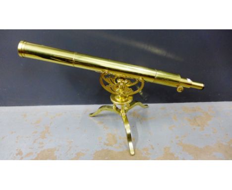 Large brass telescope on tripod base, 80cm high
