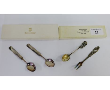 A pair of David Andersen Norwegian silver teaspoons together with a Norwegian 835 silver pickle fork and spoon (4) 