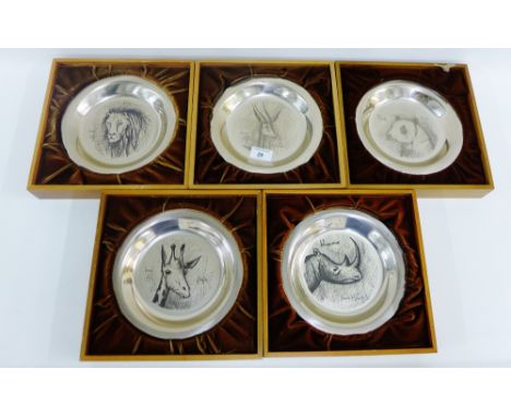 Set of five John Pinches silver Bernard Buffet etched plates to include a Rhinoceros, Giraffe, Lion, Gazelle and Panda, all f