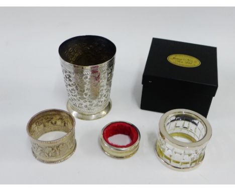 Mixed lot to include a Burmese silver beaker and napkin ring, stamped 800 together with an Epns bottle drip catcher and glass