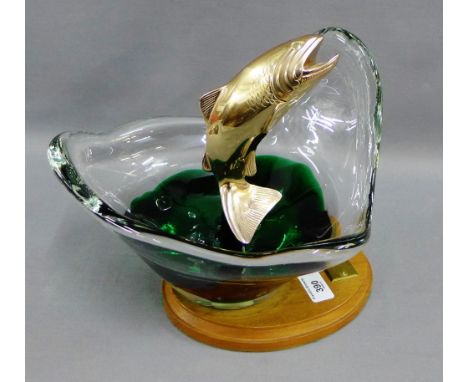 The Dayton Trophy, a Fishing Trophy with Murano glass bowl and brass fish on a plinth base, 25cm high