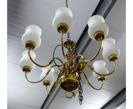 Brass eight-branch ceiling light with opaque glass shade, 80cm wide