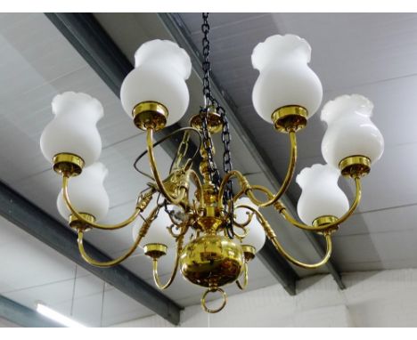 Brass eight-branch ceiling light with opaque glass shade, 80cm wide