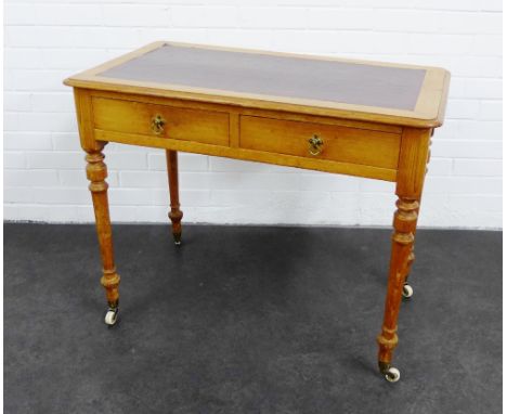 Country wood side table, the rectangular top above two short drawers,  on ceramic castors, 74 x 92cm 