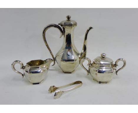 Japanese Meiji period silver coffee set comprising a coffee pot, twin handled sucrier, cream bowl and pair of sugar tongs, al