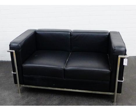 Le Corbusier style black leather and chrome two seater sofa, 67 x 127cm