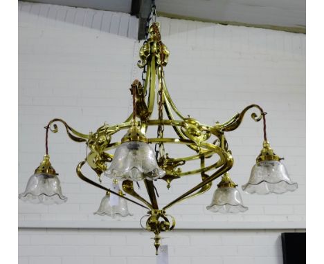 Brass Art Nouveau five-branch light fitting with floral etched glass shades, approx 75 x 80cm 