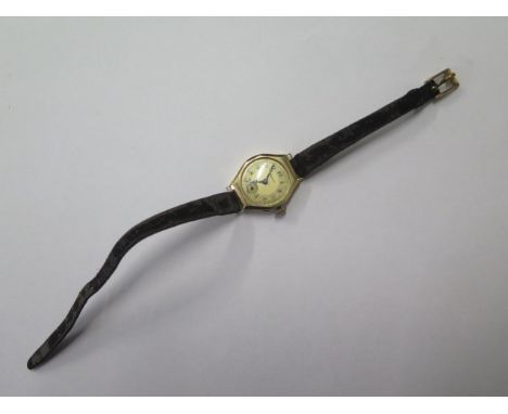 A 14ct yellow gold case ladies manual wind Alpina wristwatch on leather strap, running, total weight approx 13.5 grams 
