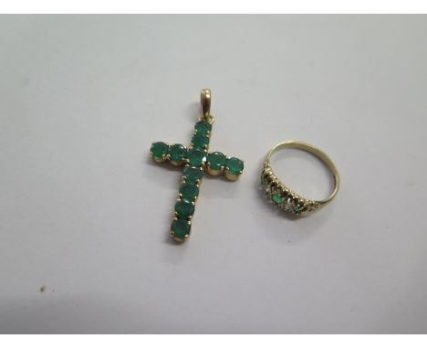 A 9ct hallmarked emerald and diamond ring, size N, approx 2 grams and a gilt emerald cross, 4cm long, both generally good (re