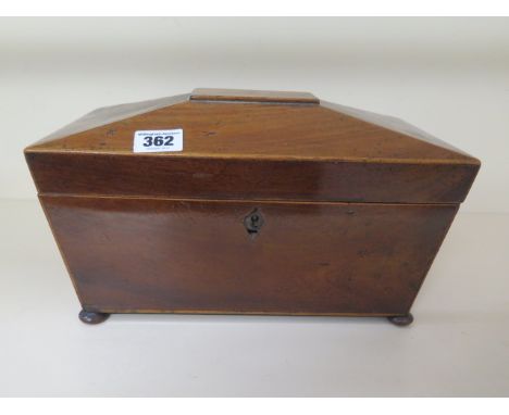 A 19th century mahogany tea caddy with replacement bowl, 33cm wide, in need of some restoration 