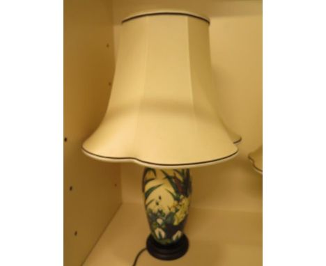 A Moorcroft bullrush and lily table lamp with shade, 60cm tall, working, good condition 