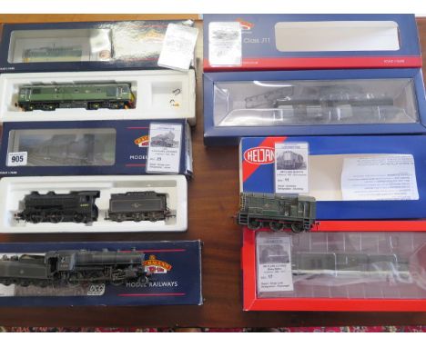 Four Bachmann locos, a Heljan loco and a Hornby Shunter, all lightly weathered 