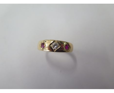 An 18ct yellow gold diamond and ruby ring, size S, approx 4.6 grams, in good condition (ref 7239) 