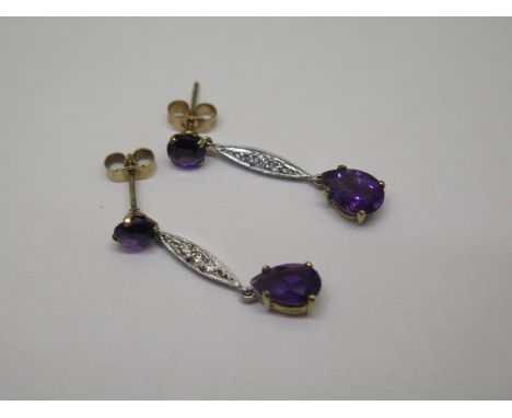 A pair of 9ct yellow and white gold amethyst and diamond earrings, 3cm drop, approx 2.4 grams, in good condition 