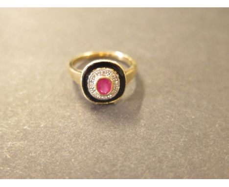 A 9ct yellow gold ruby, diamond and onyx ring, size P 1/2 by Luke Stokley, head approx 11mm, hallmarked and in good condition