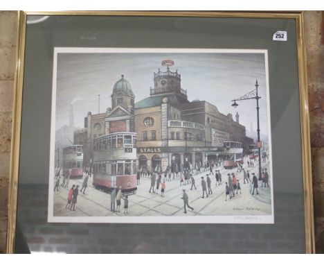 A framed and glazed print by Arthur Delaney signed in pencil to the margin with Arts Guild blindstamp 'The Ardwick Empire', f