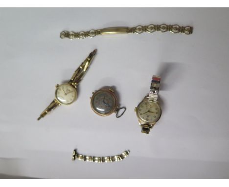 Three 9ct manual wind ladies wrist watches with plated straps, none working, total weight approx 53.3 grams 