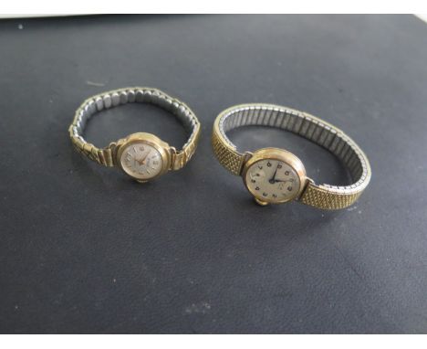 Two 9ct gold manual wind ladies wristwatches, both on plated straps, both running, hands advance, total weight approx 40 gram