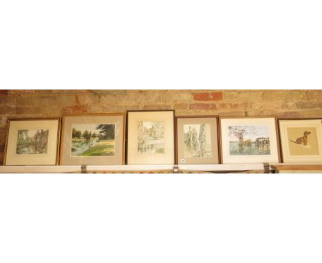 Three Philip Martin watercolours of Cambridge, a Liz Cooper watercolour of The Cam and a watercolour of Jesus lock and a Lucy