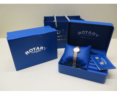 A 9ct yellow gold Rotary ladies bracelet wristwatch with box, guarantee and bag, total weight approx 20.5 grams, in good cond