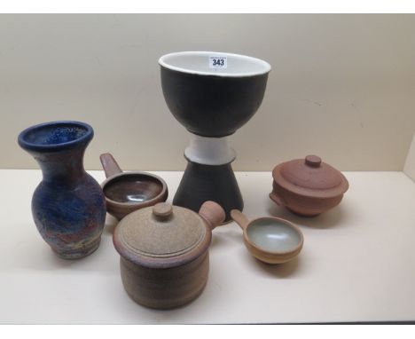 Six piece of Leach pottery, St Ives together with a stoneware vase by Michael Kennedy and an egg shaped bowl, S/I marks to ba