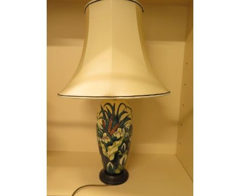 A Moorcroft bullrush and lily table lamp with shade, 77cm tall, working, good condition 