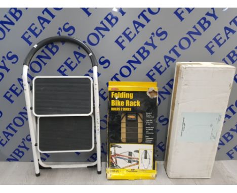 MIXED ITEMS INCLUDING 2 STEP LADDER, FOLDING BIKE RACK AND CURVED SINGLE STEM CHROME LAMP