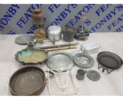 BOX OF METALWARE INCLUDING PEWTER PLATES AND CUP HOLDERS BRASS GARDEN SPRAYS TILLEY LAMP AND CAMPING PANS