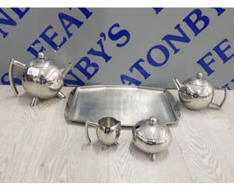 4 PIECE STAINLESS STEEL MID CENTURY MODERN SPUTNIK STYLE TEA SERVICE ON STAINLESS STEEL TRAY