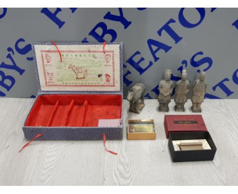 CHINESE TERRACOTTA ARMY CLAY MODEL SET 3 FIGURES AND 1 HORSE TOGETHER WITH DECORATIVE PEN REST AND GOLF CADDY TAG