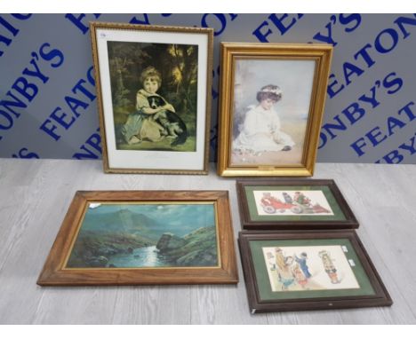 5 FRAMED PRINTS INCLUDING MISS BOWLES BY SIR JOSHUA REYNOLDD P.R.A. THE WALLACE COLLECTION, DARLING BLUE F.E BY MILLAIS AND 2