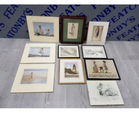 COLLECTION OF FRAMED PRINTS, OIL PAINT AND A DECORATIVE TAPESTRY, INCLUDES W.T POOH PRINT AND WHITBY HARBOUR SCENE