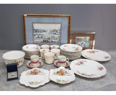 BOX OF MISCELLANEOUS ITEMS TO INCLUDE ROYAL WORCESTER THIMBLE 2 FRAMED ITEMS TEA CHINA CHINA ETC
