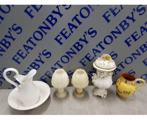 COLLECTABLE ITEMS INCLUDES ST MICHAELS CERAMIC JUG, 2 ONYX LAMPS, AN ERN AND WASH JUG AND BOWL ETC