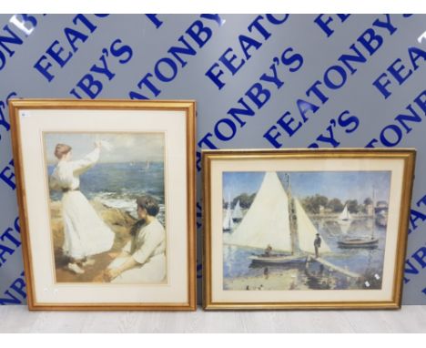 2 GILT FRAMED PRINTS OF BOATS AND SEA SIDE SCENE 67 X 82 CM AND 79 X 64 CM