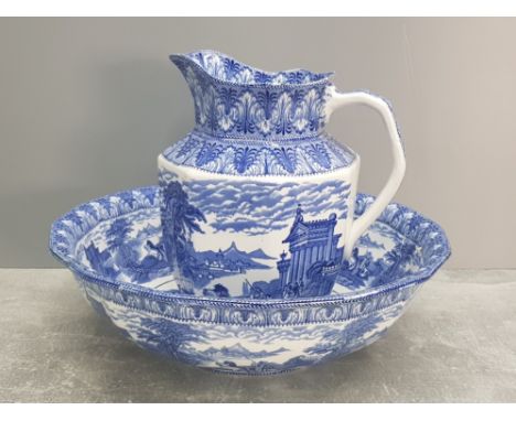 LARGE CAULDON BLUE AND WHITE WASH JUG AND BASIN