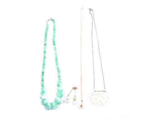 A jade disc and bead necklace, pendants and drop earrings, a jade disc and bead necklace, lobster claw clasp, 44cm; a small c