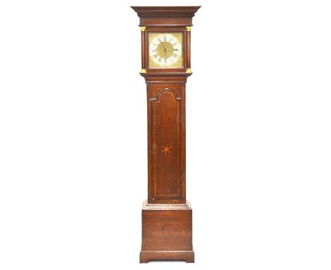 Oak longcase clock, the hood with dentil moulded cornice, engaged columns, case with long arched door inlaid with a star, bra