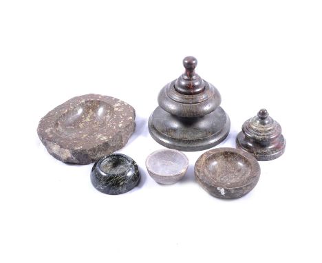 Large Cornish serpentine inkwell, height 14cm, one other smaller inkwell, two covered bowls, other bowls, etc.Qty: 13