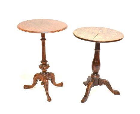 Oak tripod table, circular fixed top on a turned and fluted column, carved scrolled legs, diameter 49cm, height 72cm and anot