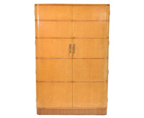 Heal's style Art Deco bedroom suite, satinwood and walnut banded, comprising three double wardrobes, Small wardrobe width 120