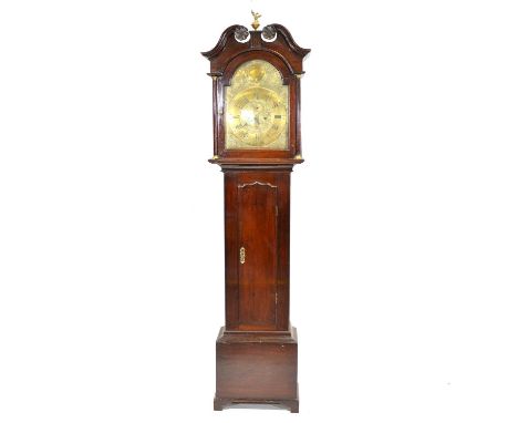 Scottish stained pine longcase clock, the hood with brass eagle finial and swan neck pediment, engaged columns, case with lon