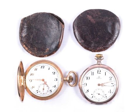 Omega - an open face pocket watch, and a gilt metal full hunter pocket watch, Omega - an open face pocket watch, the white en