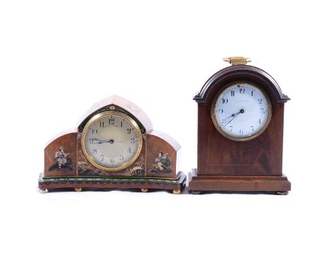 Japanned mantel clock, dial signed Goldsmiths &amp; Silversmiths Co, and an Edwardian inlaid mahogany mantel clock. signed Ma