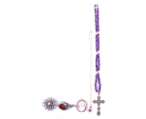 A small collection of gold, silver and gemstone jewellery, a ruby and diamond pendant, the stones claw set in a 9 carat yello