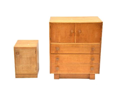 Heals style light oak bedroom suite, comprising a small tallboy, cupboard over three drawers, width 76cm, depth 46cm, height 