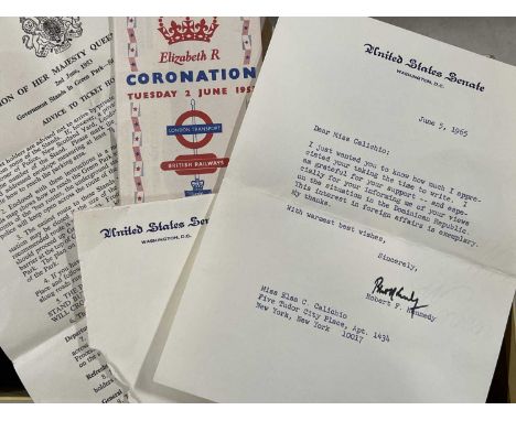 Robert Kennedy signed letter on United States Senate headed paper, dated June 5 1965, thanking the recipient for views on the